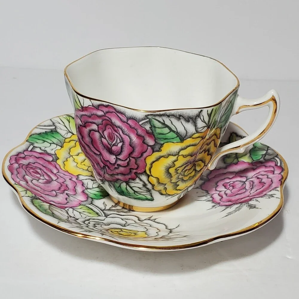 Rosina Teacup and Saucer Floral Pink Yellow White Vintage